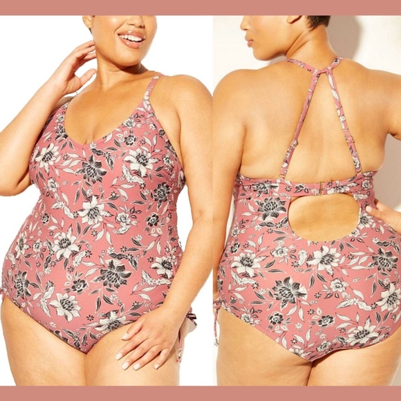 NEW $40 Kona Sol Floral Side Cinch‎ One Piece Swimsuit Dusty Pink [SZ 22W ] - Picture 1 of 12
